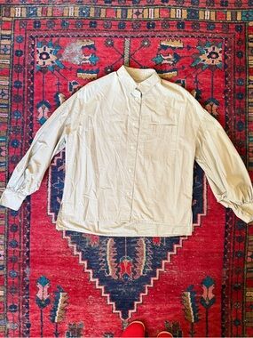 EGG TRADING London - Green Beige Cotton Button-Up Shirt - Volume Sleeves!